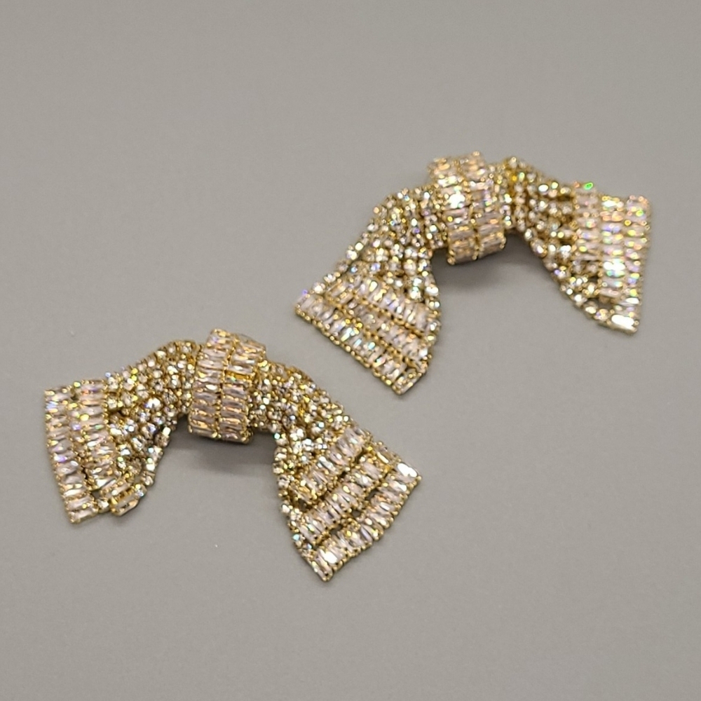 Estate AB Luxury Palace Chic Crystal Exaggerated Bow Gold Dangle Earrings - Picture 9 of 15